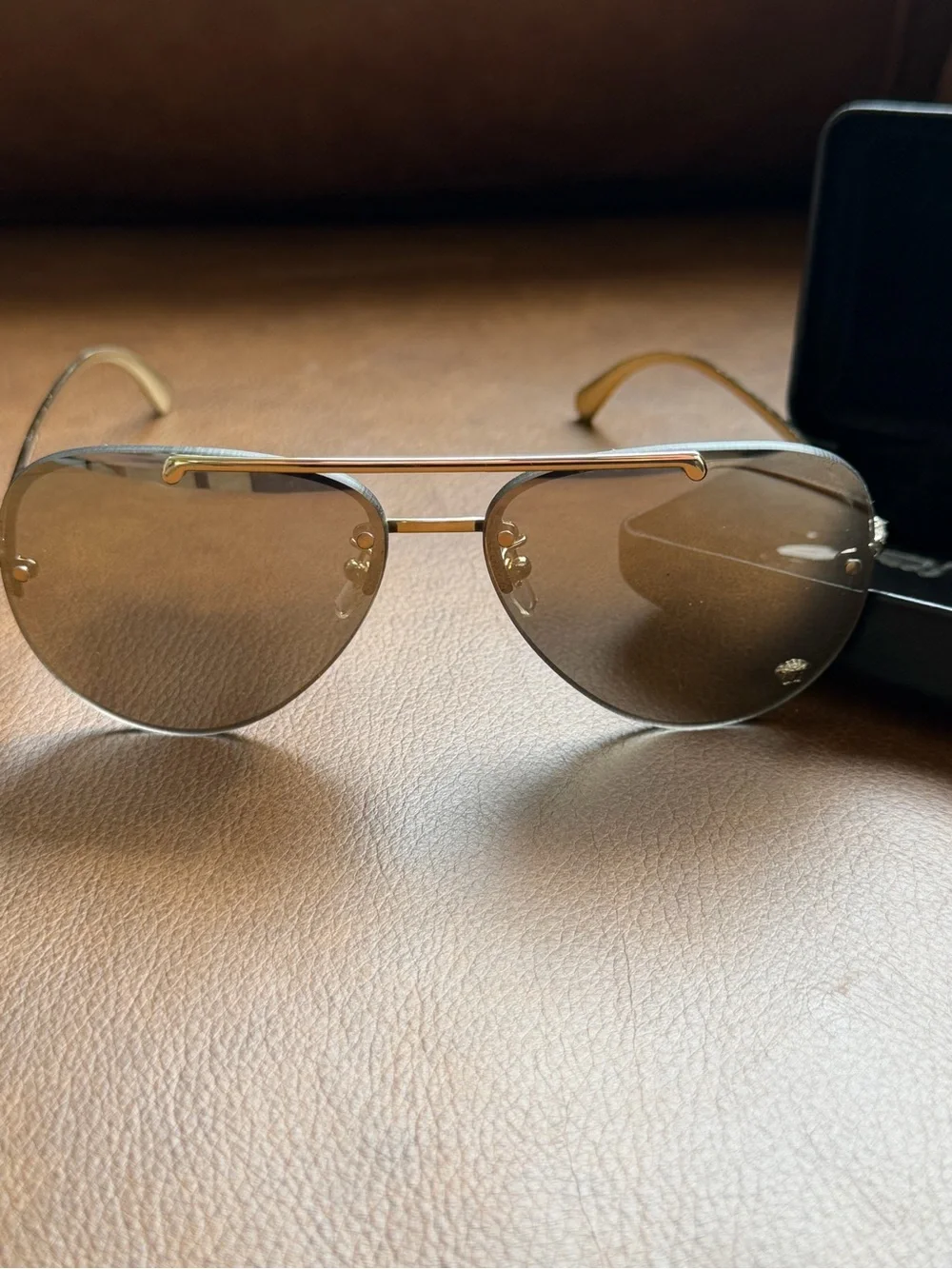 Versace VE2231 Black and Gold Medusa Rimless Aviator Sunglasses with Case